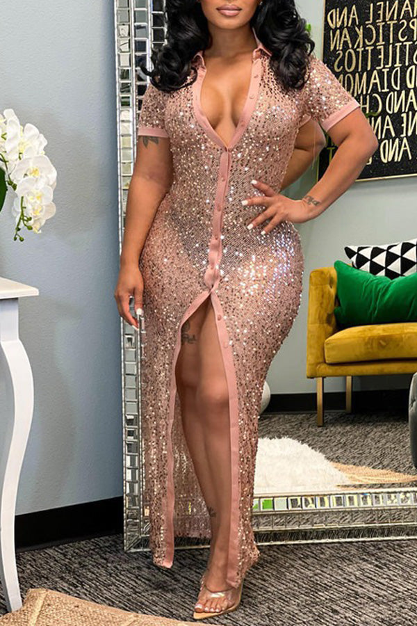 Single Breasted Short Sleeve V Neck Sequined Maxi Dress