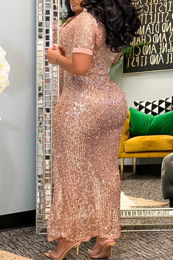 Single Breasted Short Sleeve V Neck Sequined Maxi Dress