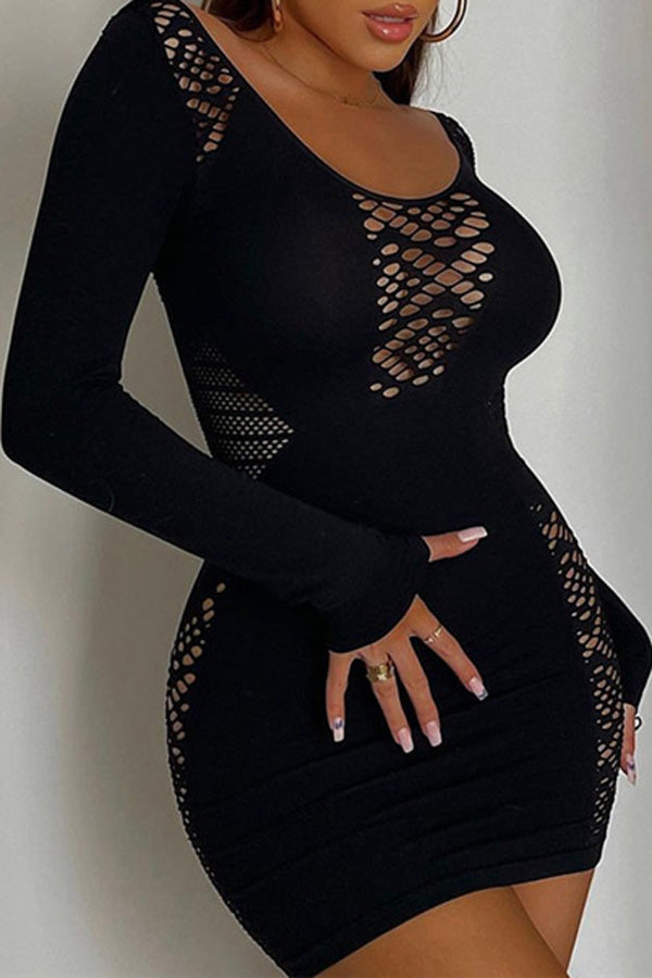 Round Neck Long Sleeve Cutout Slim Mini Dress