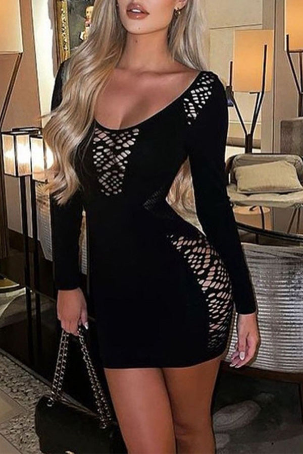 Round Neck Long Sleeve Cutout Slim Mini Dress