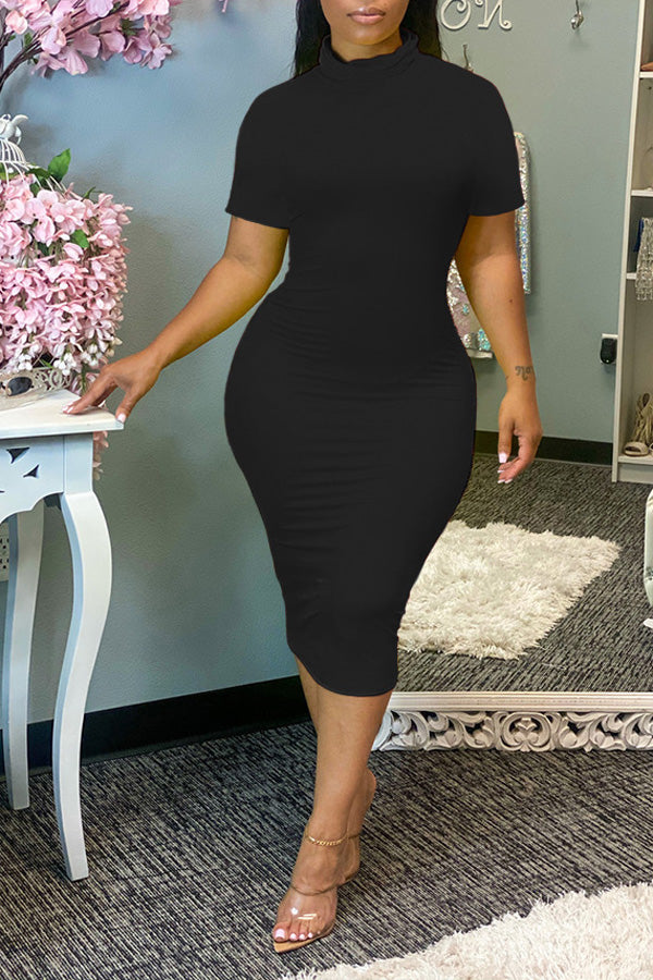 Plus Size Solid Color Turtleneck Sheath Midi Dress