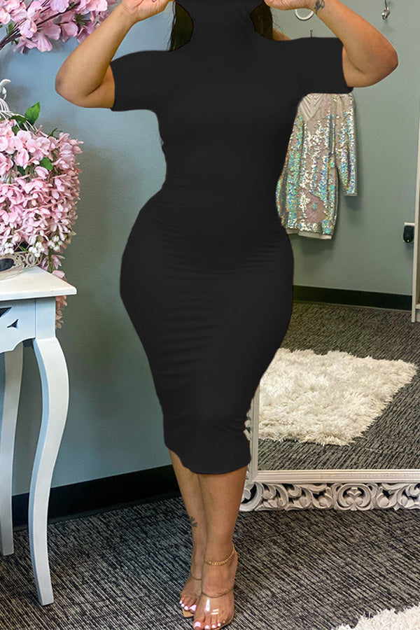 Plus Size Solid Color Turtleneck Sheath Midi Dress