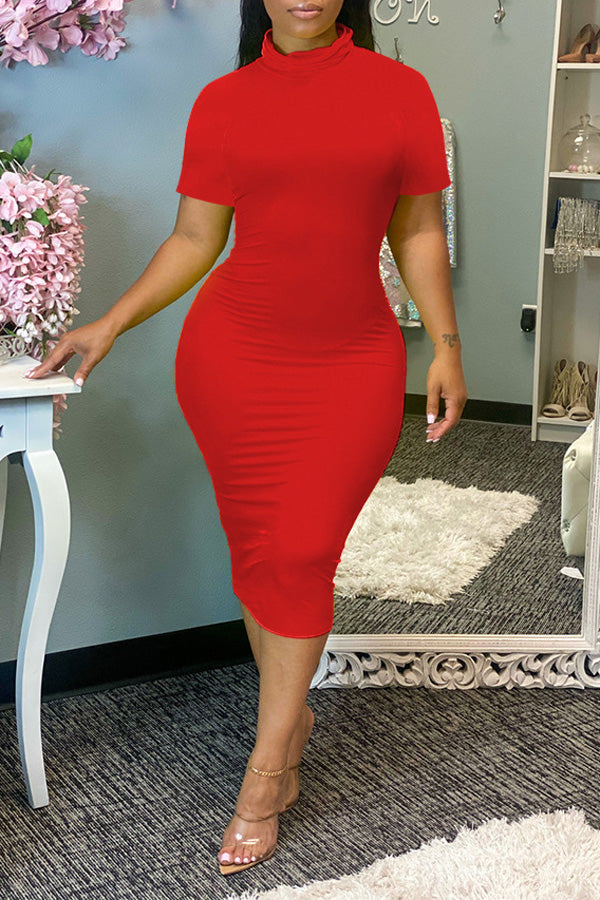 Plus Size Solid Color Turtleneck Sheath Midi Dress