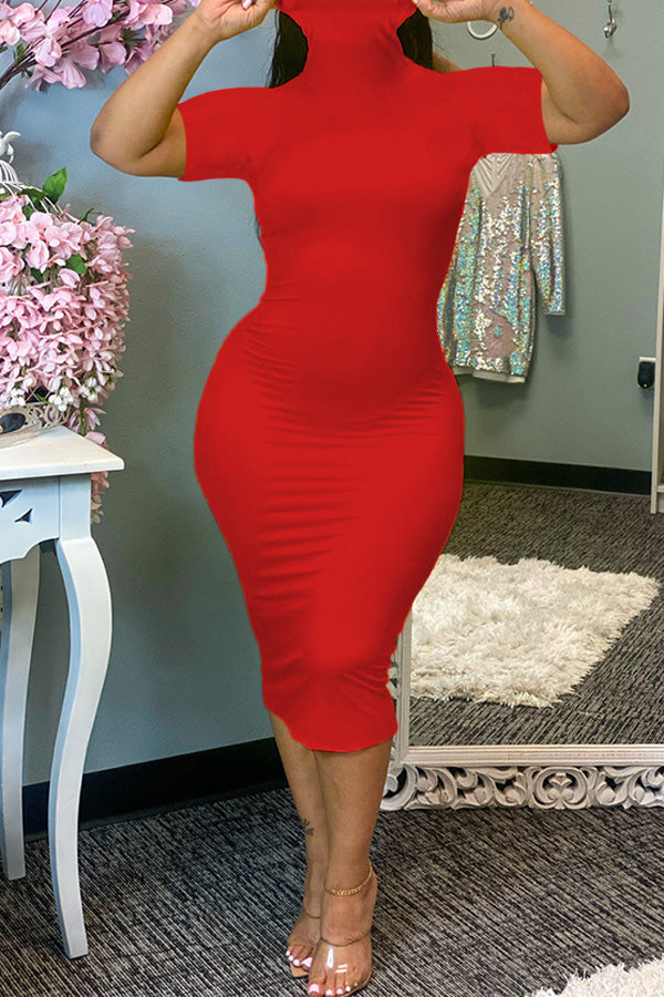 Plus Size Solid Color Turtleneck Sheath Midi Dress