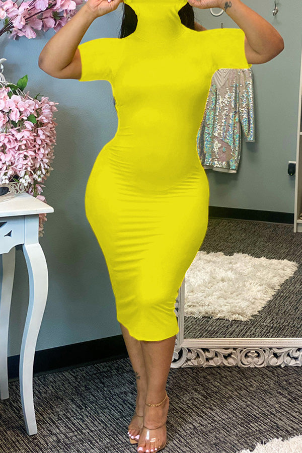 Plus Size Solid Color Turtleneck Sheath Midi Dress