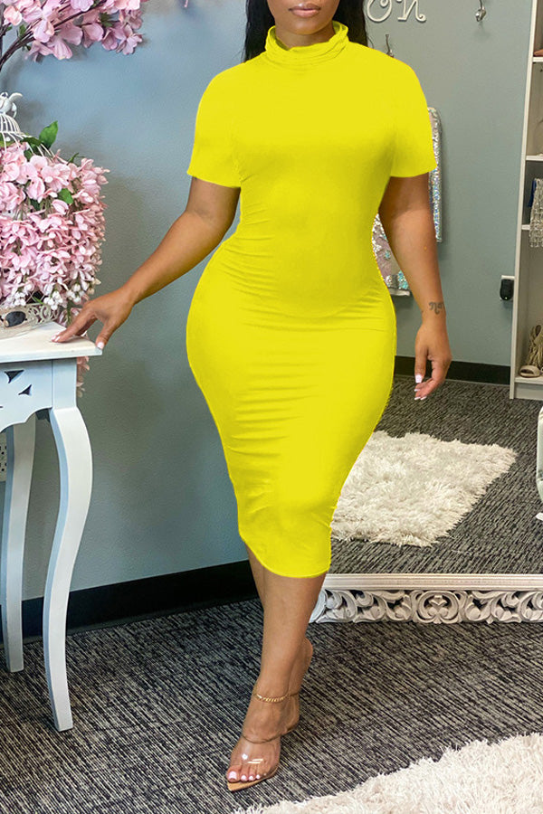 Plus Size Solid Color Turtleneck Sheath Midi Dress