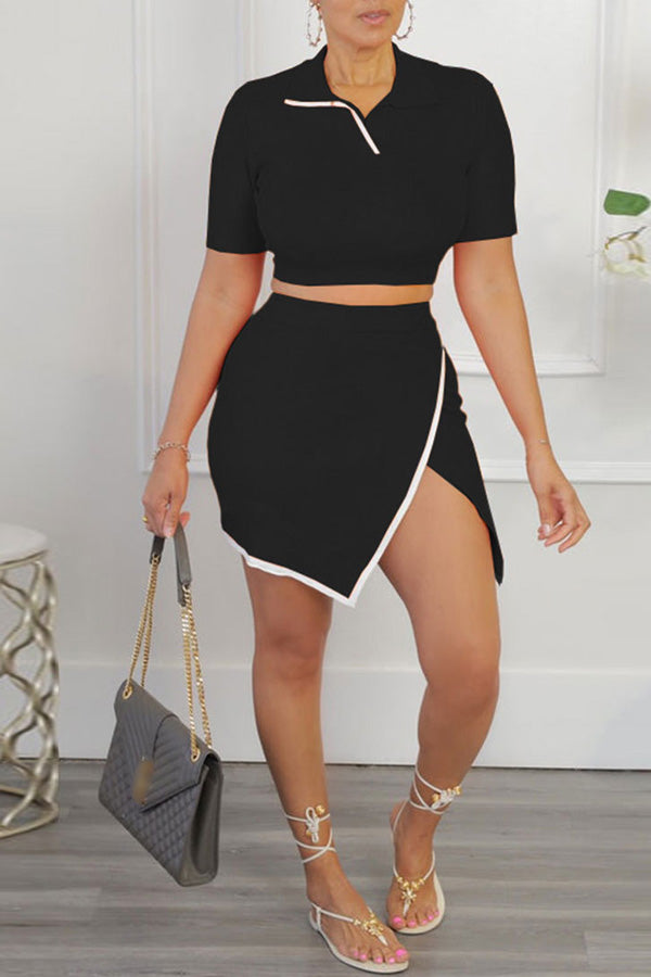 Slim Lapel Slit Short Sleeve Skirt Two-Piece Set