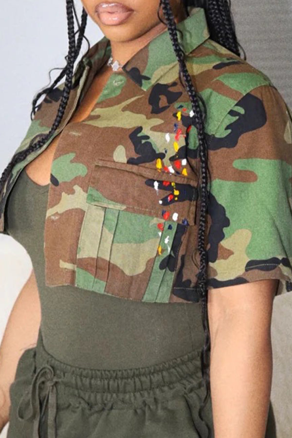 Casual Camouflage Print Cropped Shirt Jacket