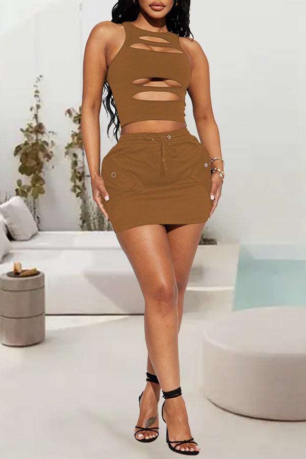 Casual Solid Color Hollow Sleeveless Vest Short Skirt Two-piece Set