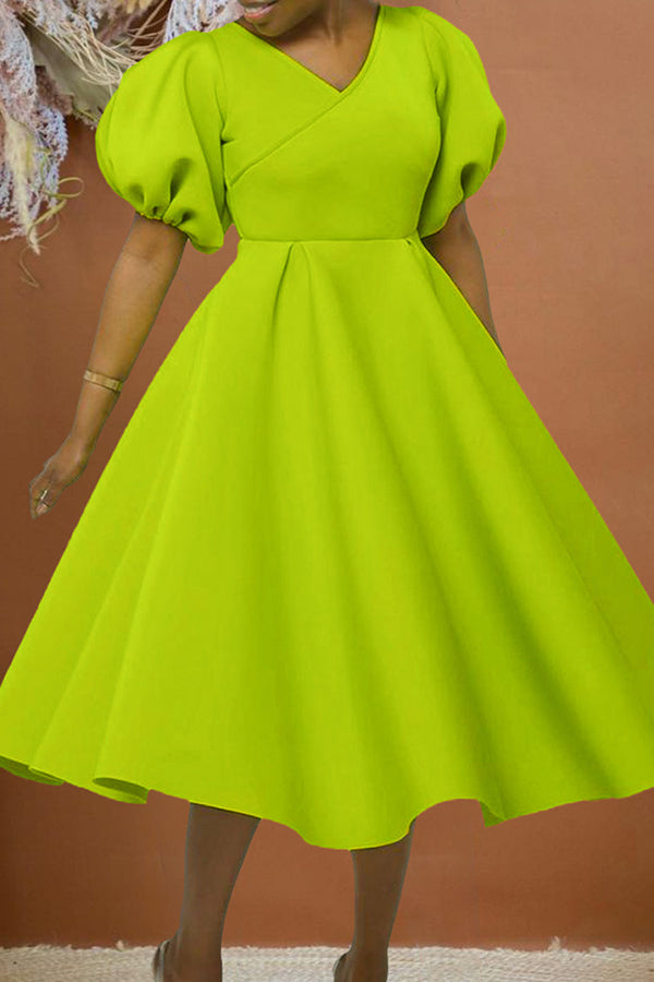 Fashionable V-neck Puff Sleeve Midi Dress