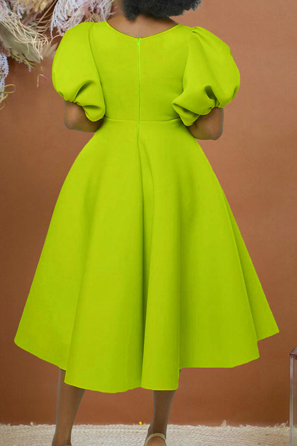 Fashionable V-neck Puff Sleeve Midi Dress