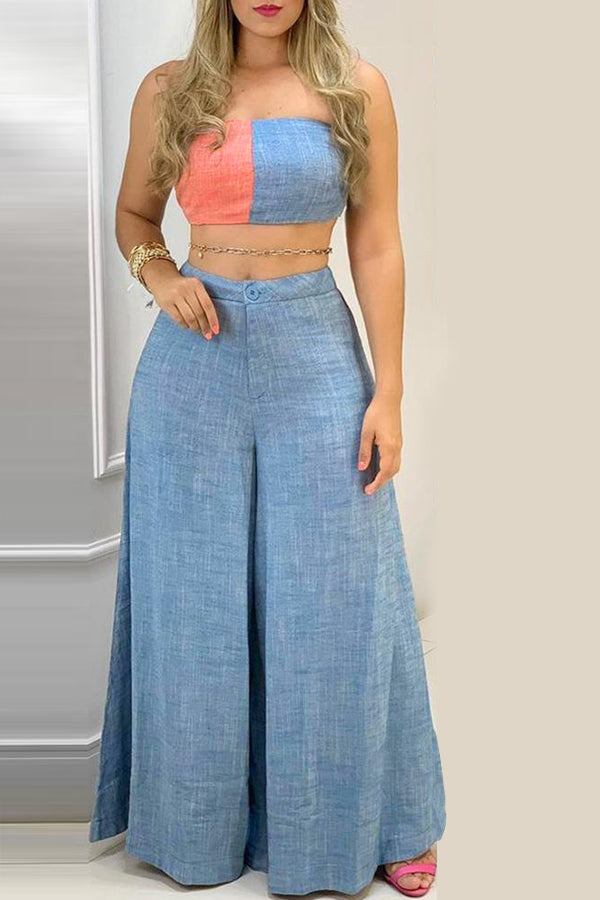 Casual Color Contrast Stitching Bandeau Trousers Two-piece Set