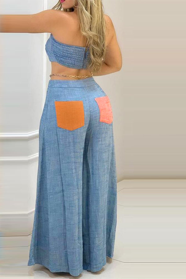 Casual Color Contrast Stitching Bandeau Trousers Two-piece Set