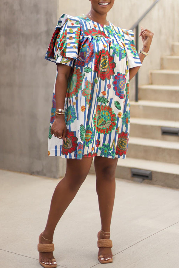 Relaxed Loose Printed Lapel Mini Dress