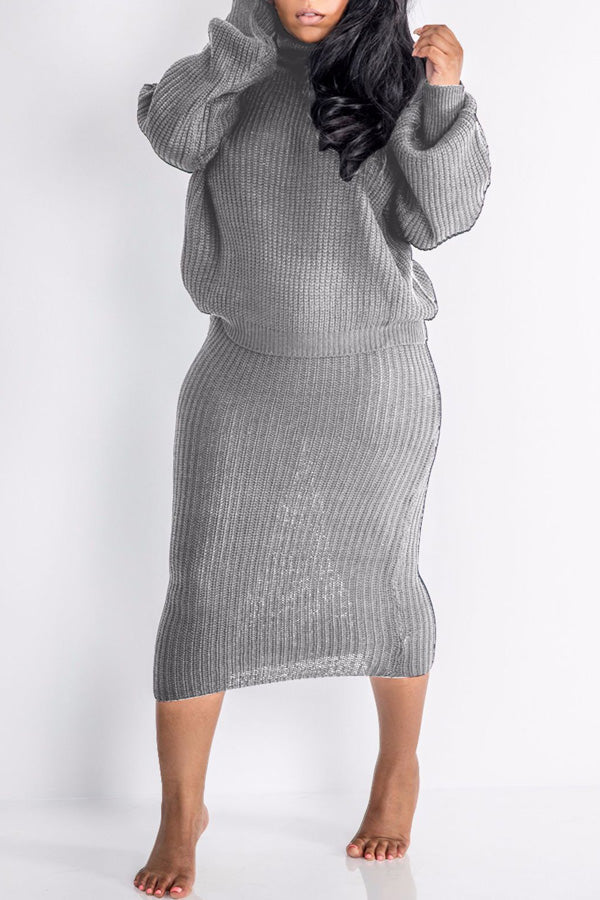 Casual Solid Color Knit Turtleneck Long Sleeve Two Piece Dress Suit