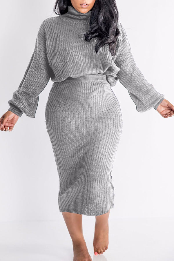 Casual Solid Color Knit Turtleneck Long Sleeve Two Piece Dress Suit