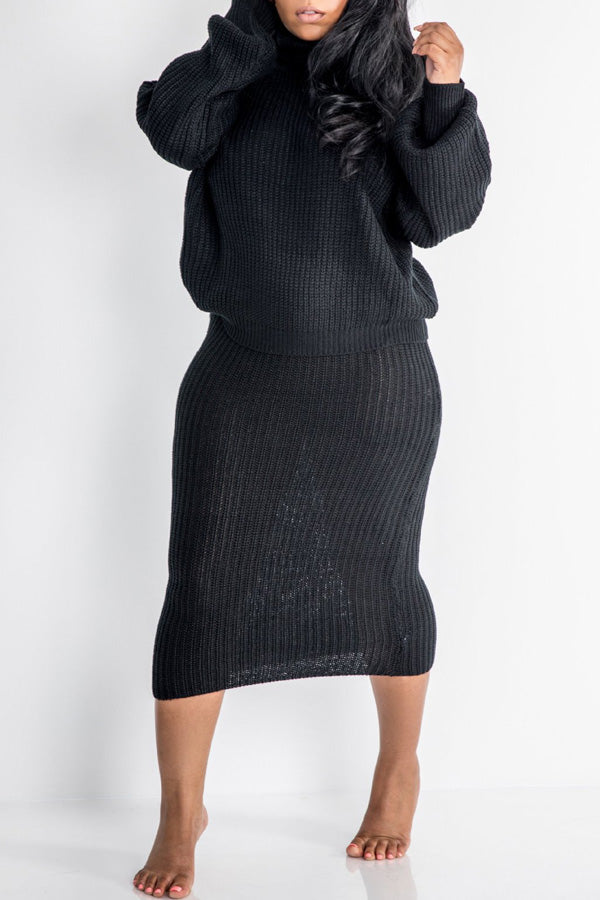 Casual Solid Color Knit Turtleneck Long Sleeve Two Piece Dress Suit