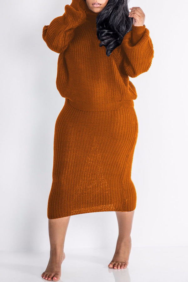 Casual Solid Color Knit Turtleneck Long Sleeve Two Piece Dress Suit