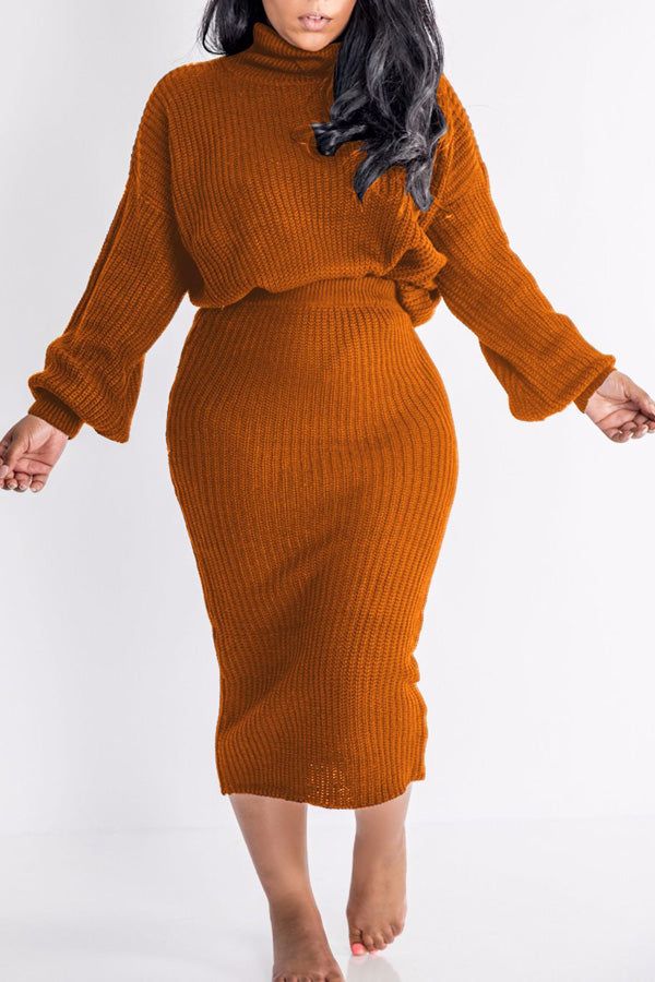 Casual Solid Color Knit Turtleneck Long Sleeve Two Piece Dress Suit