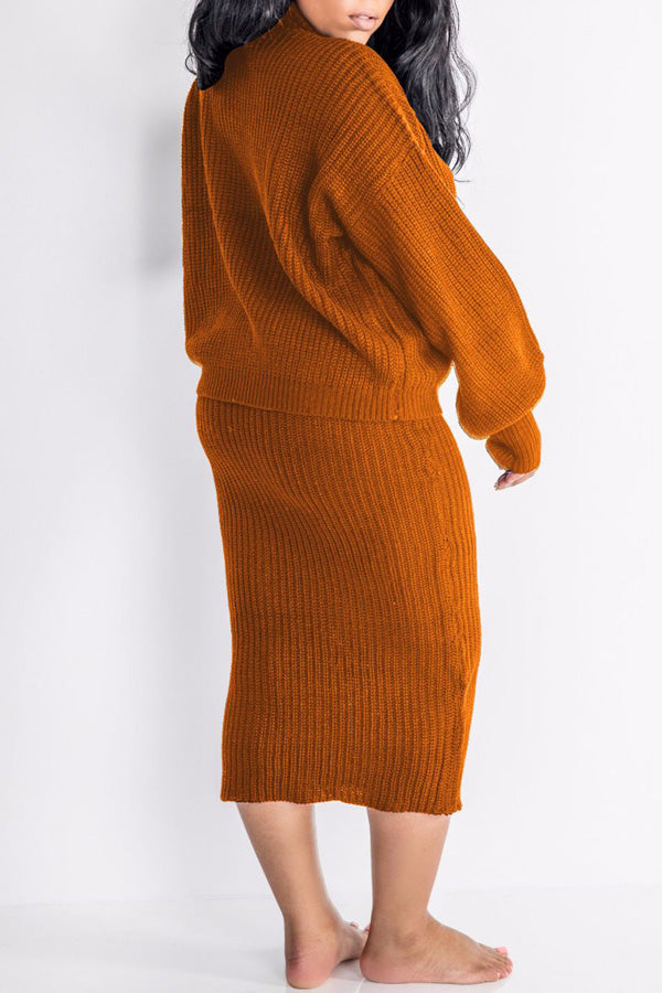 Casual Solid Color Knit Turtleneck Long Sleeve Two Piece Dress Suit