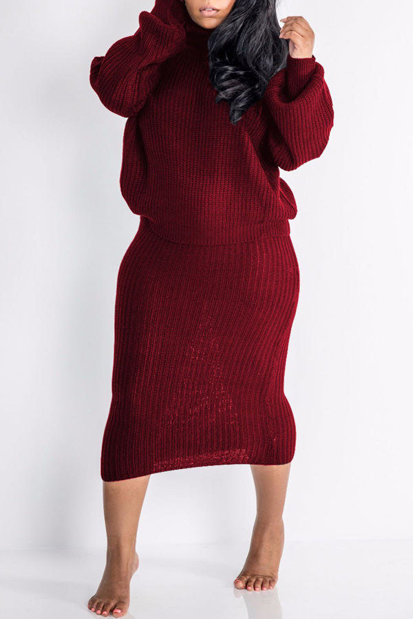 Casual Solid Color Knit Turtleneck Long Sleeve Two Piece Dress Suit