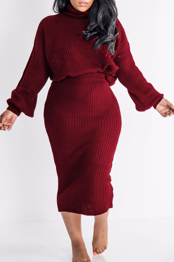 Casual Solid Color Knit Turtleneck Long Sleeve Two Piece Dress Suit