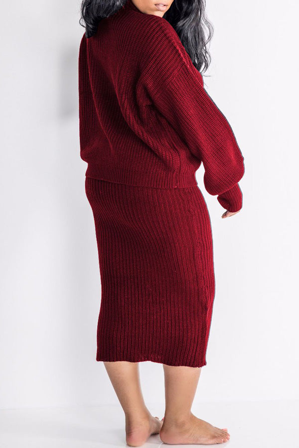 Casual Solid Color Knit Turtleneck Long Sleeve Two Piece Dress Suit