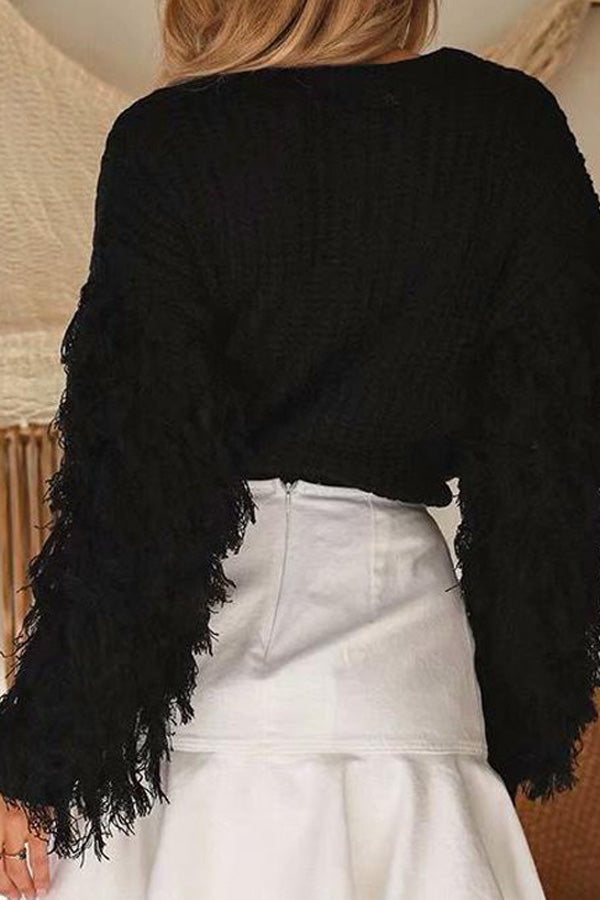 Loose Knit Fringe Long Sleeve Pullover Sweater