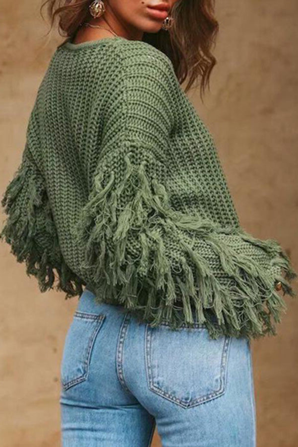 Loose Knit Fringe Long Sleeve Pullover Sweater