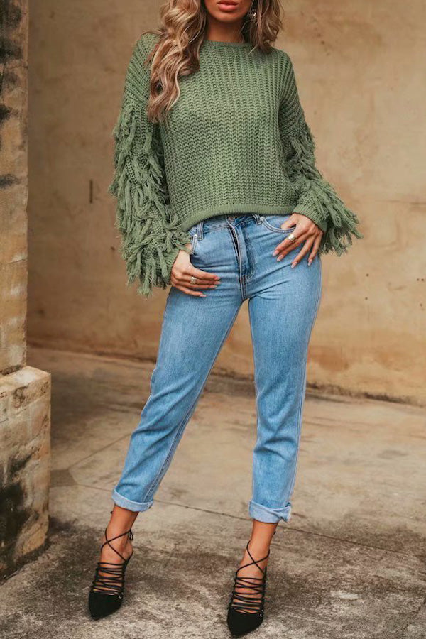 Loose Knit Fringe Long Sleeve Pullover Sweater