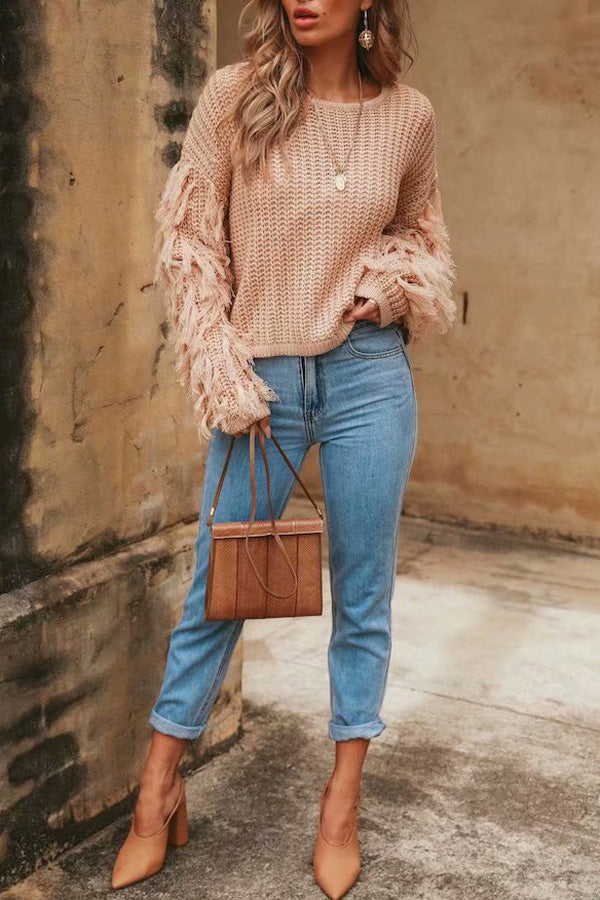 Loose Knit Fringe Long Sleeve Pullover Sweater