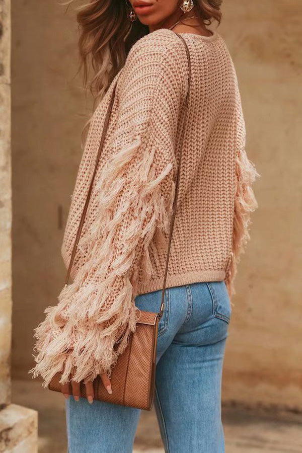 Loose Knit Fringe Long Sleeve Pullover Sweater