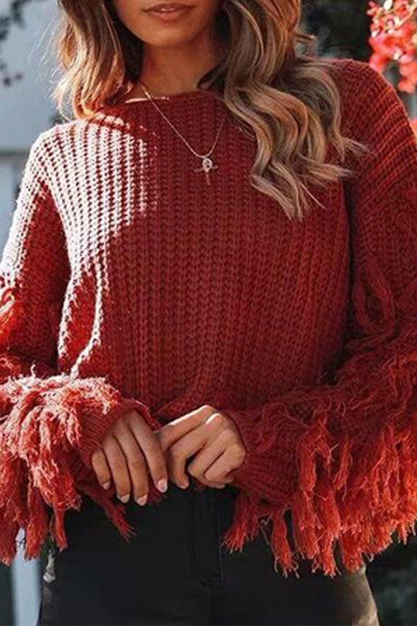 Loose Knit Fringe Long Sleeve Pullover Sweater