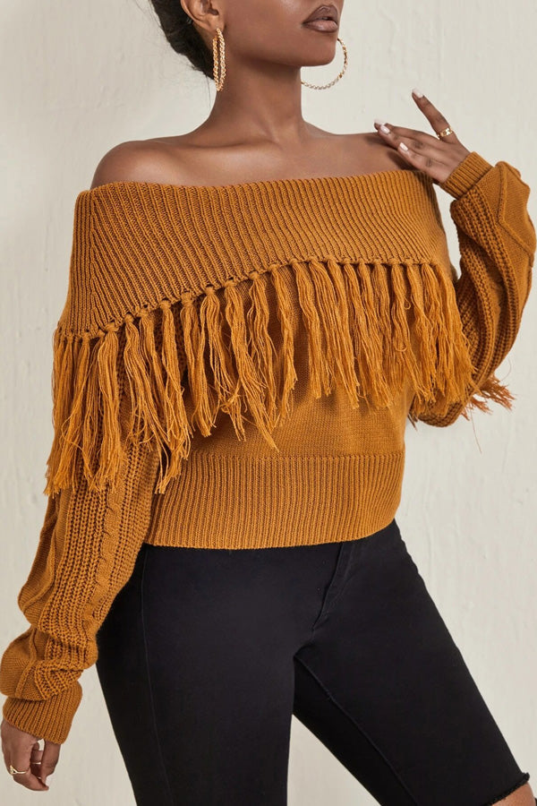 Fringed Knit Lapel Off-Shoulder Long-Sleeve Sweater