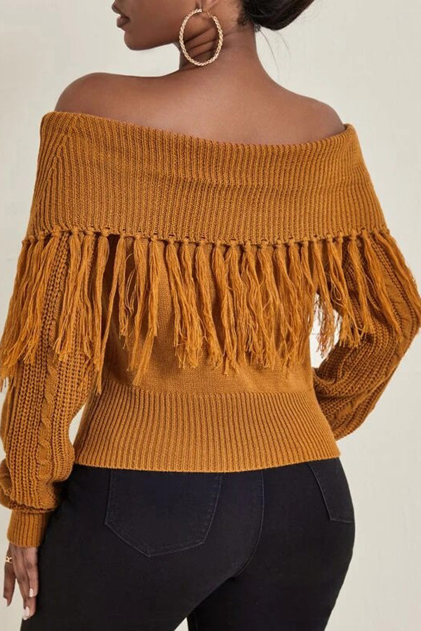 Fringed Knit Lapel Off-Shoulder Long-Sleeve Sweater