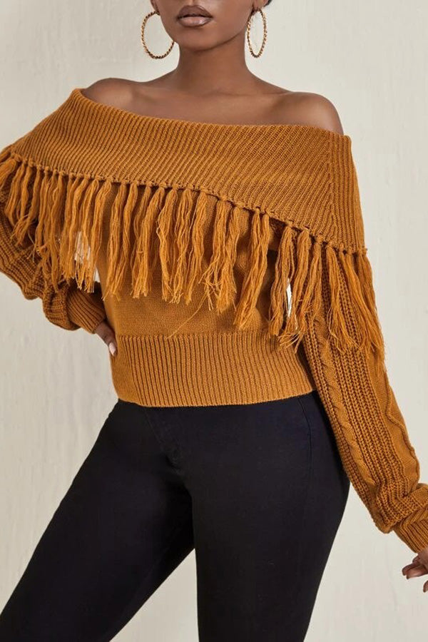 Fringed Knit Lapel Off-Shoulder Long-Sleeve Sweater