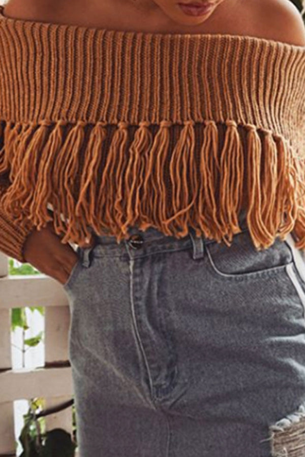 Fringed Knit Lapel Off-Shoulder Long-Sleeve Sweater