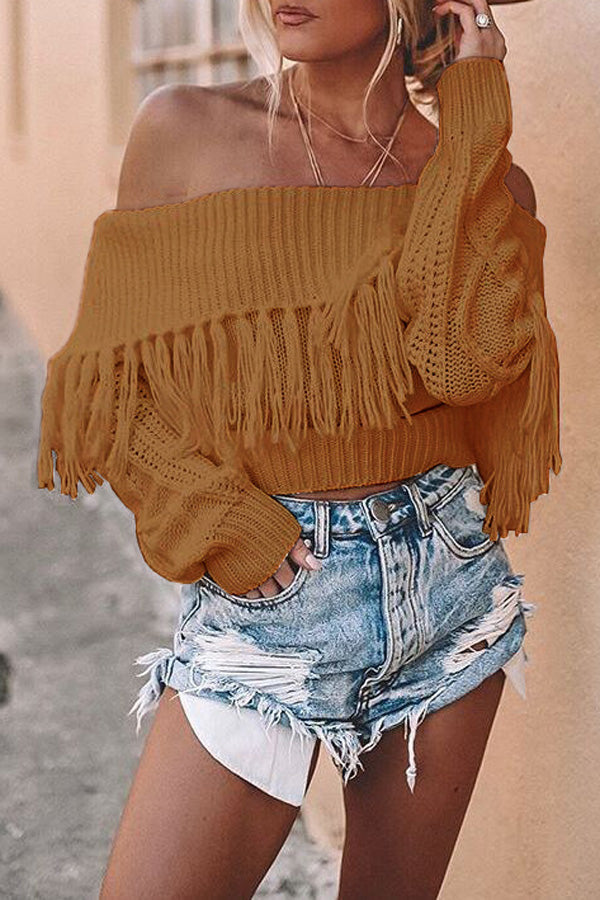 Fringed Knit Lapel Off-Shoulder Long-Sleeve Sweater