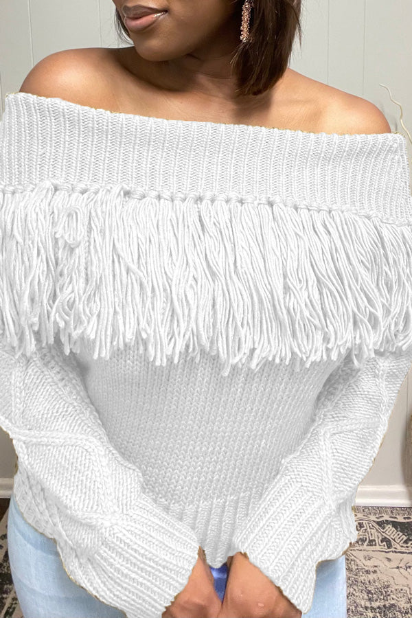 Fringed Knit Lapel Off-Shoulder Long-Sleeve Sweater