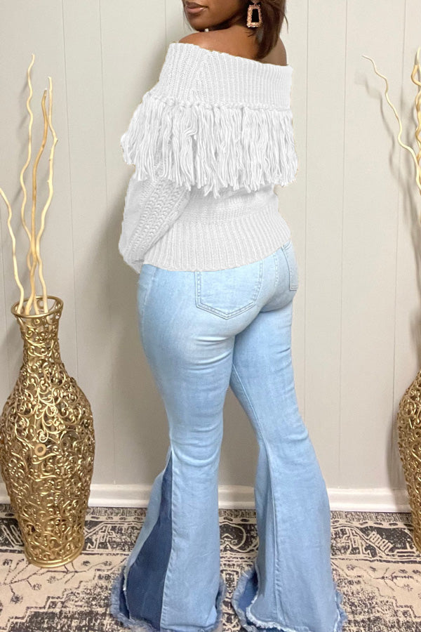 Fringed Knit Lapel Off-Shoulder Long-Sleeve Sweater