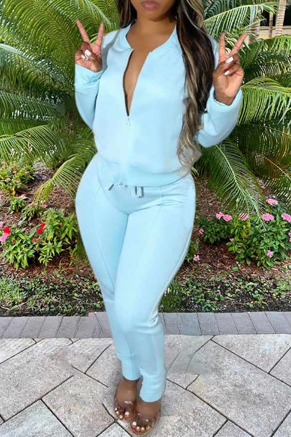 Sport Casual Solid Color Zip Jacket Slit Slim Pant Suits