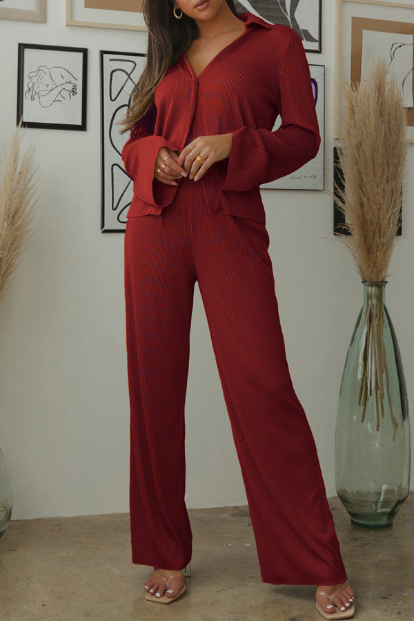 Simple Pleated Solid Color Long Sleeve V-neck Blouse Wide Leg Pant Suits