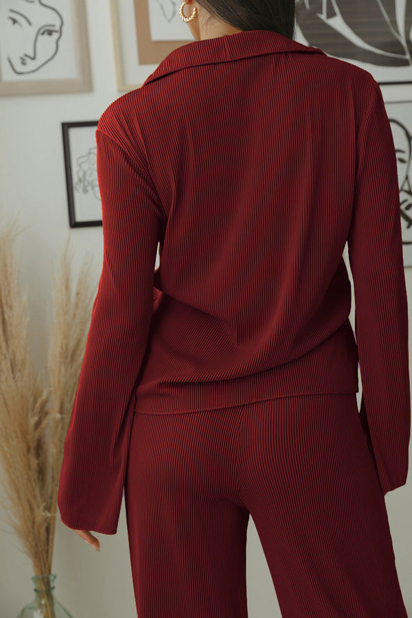 Simple Pleated Solid Color Long Sleeve V-neck Blouse Wide Leg Pant Suits