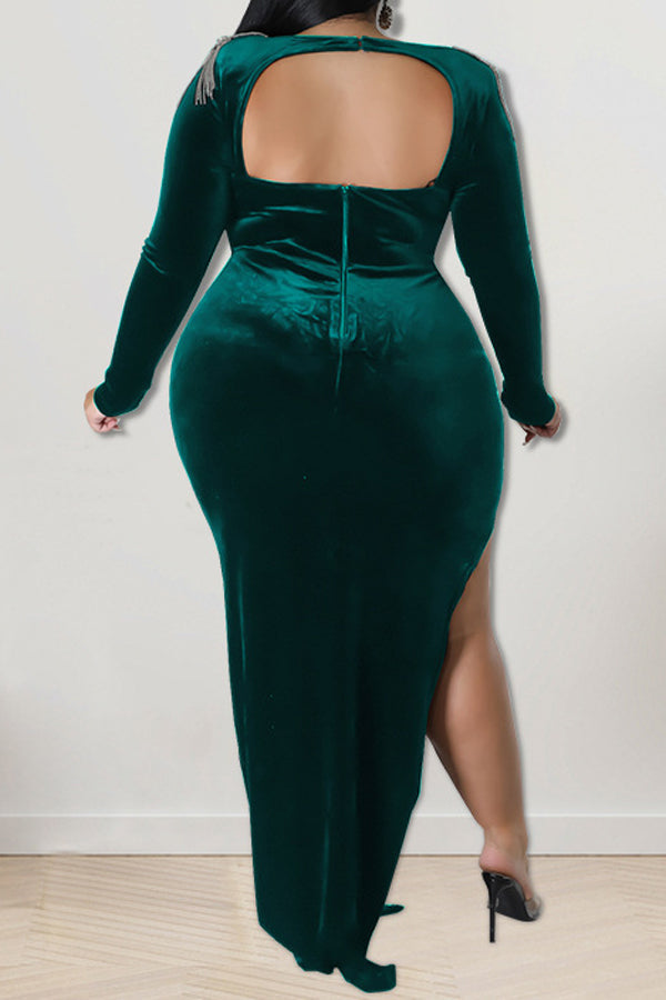 Feminine Tassels Backless Long Sleeve High Slit Plus Size Maxi Dress