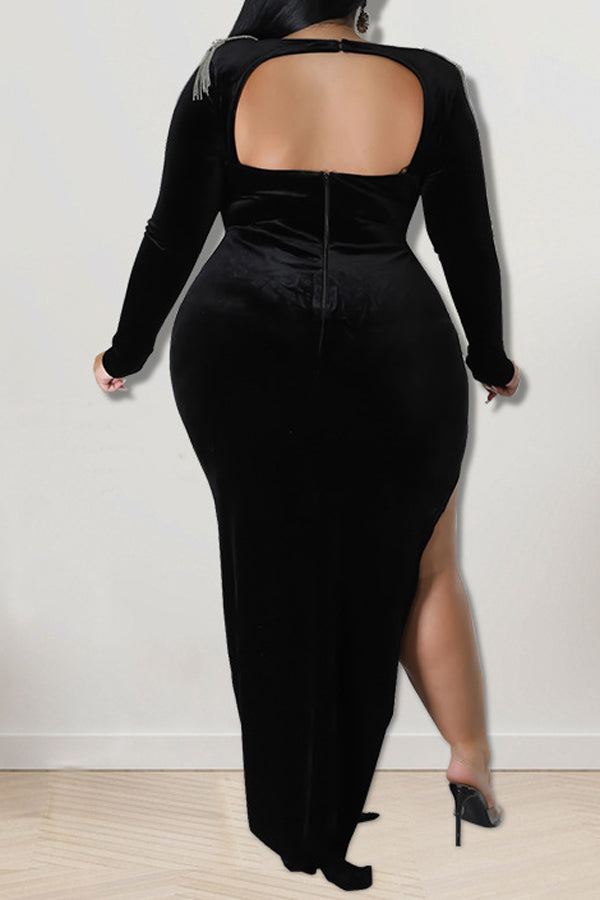 Feminine Tassels Backless Long Sleeve High Slit Plus Size Maxi Dress