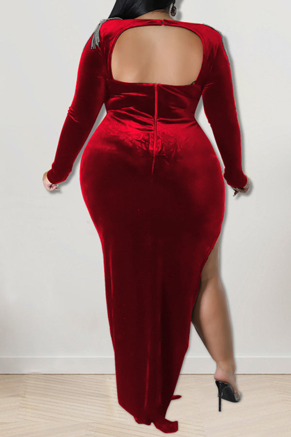 Feminine Tassels Backless Long Sleeve High Slit Plus Size Maxi Dress