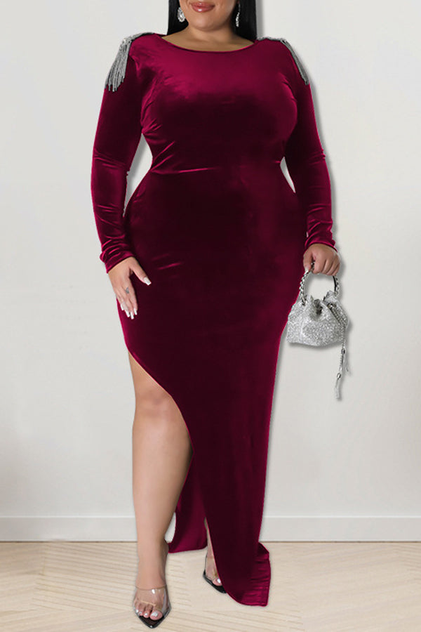 Feminine Tassels Backless Long Sleeve High Slit Plus Size Maxi Dress