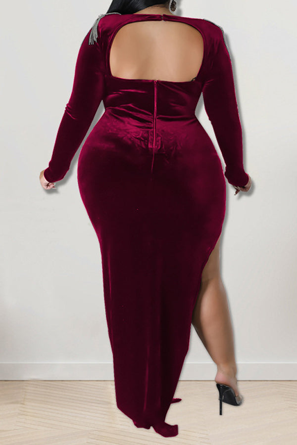 Feminine Tassels Backless Long Sleeve High Slit Plus Size Maxi Dress