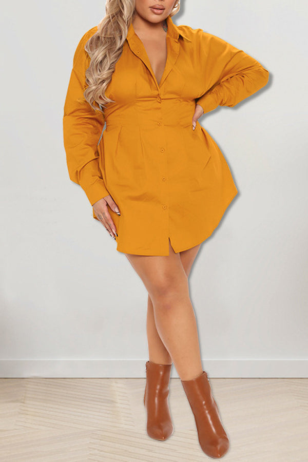 Temperament Plus Size Long Sleeve Shirt Collar Single Breasted Mini Dress