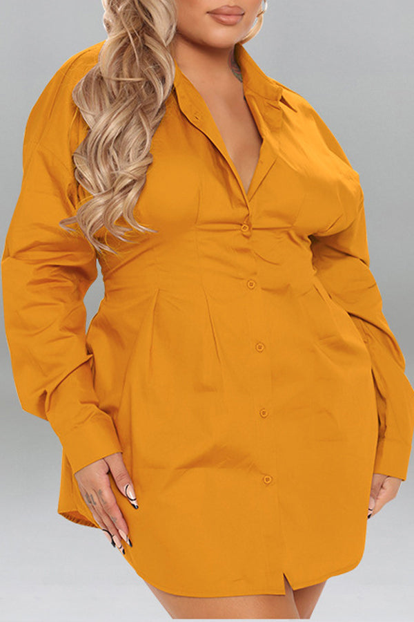 Temperament Plus Size Long Sleeve Shirt Collar Single Breasted Mini Dress